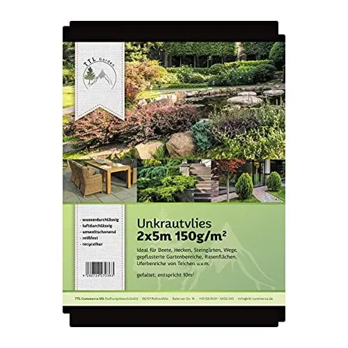 Produktbild: TTL Garden 150g/m² Unkrautvlies 10m² 2m x 5m - wasserdurchlässig & extra reißfest 5 x 2m breit Gartenvlies - UV-stabile Wurzelsperre Mulchvlies Garten Vlies Folie gegen Unkraut