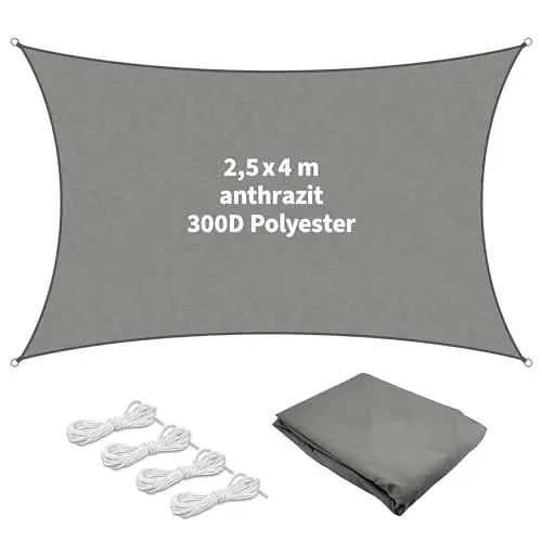 Produktbild: TTL Garden 2,5x4m Anthrazit Sonnensegel rechteckig - Premium Polyester 300D 160g/m² mit Seil 4X 1,5m - wasserdicht reißfest & robust - Sonnenschutz & Wetterschutz für Garten, Balkon & Terrasse