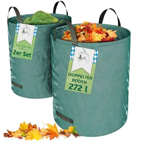 Produktbild: TTL Garden 2x 272L Gartensack - DOPPELTER BODEN extra stabil selbststehend 4 Griffe 150gsm groß robust & faltbar - 2er Set Garten Sack Laubsack Abfallsack für Gras Laub Hecke Gartenabfall