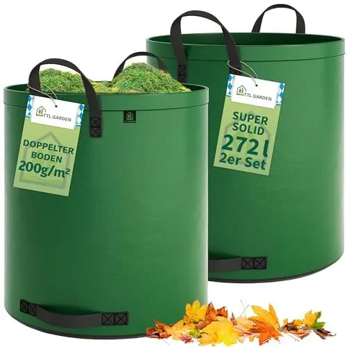 Produktbild: TTL Garden 2x 272L SUPER SOLID Gartensack grün - DOPPELTER BODEN 2x200 gsm extra stabil & reißfest selbststehend 4 Griffe groß robust 2er Set Laubsack Abfallsack für Gras Laub Hecke Gartenabfall