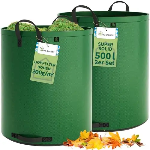 Produktbild: TTL Garden 2x 500L SUPER SOLID Gartensack grün - DOPPELTER BODEN 2x200 gsm extra stabil & reißfest selbststehend 4 Griffe groß robust 2er Set Laubsack Abfallsack für Gras Laub Hecke Gartenabfall