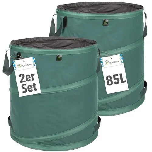 Produktbild: TTL Garden 2x 85L Premium Pop Up Gartensack - 220gsm 600D Oxford Gewebe selbstaufstellend extra robust & wasserfest - 2er Set 85 Liter – Gartenabfallsack Laubsack Sack für Gartenschnitt faltbar