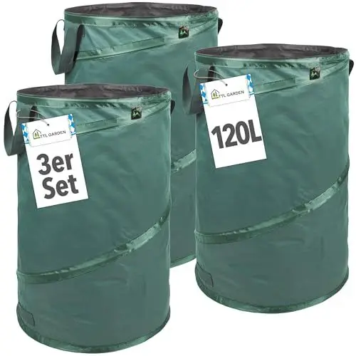 Produktbild: TTL Garden 3x 120L Premium Pop Up Gartensack - 220gsm 600D Oxford Gewebe selbstaufstellend extra robust & wasserfest - 3er Set 120 Liter – Gartenabfallsack Laubsack Sack für Gartenschnitt faltbar