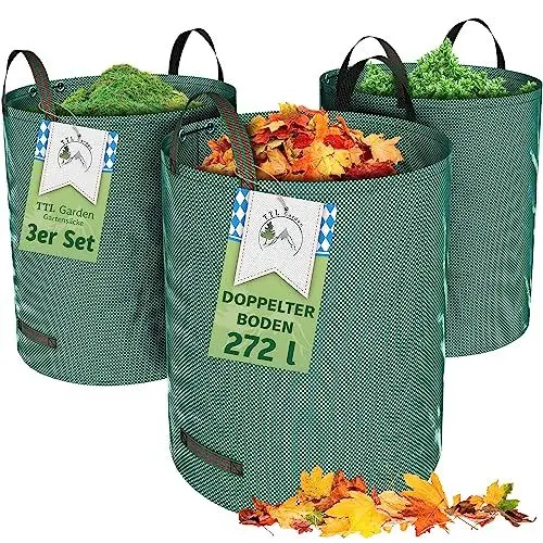 Produktbild: TTL Garden 3x 272L Gartensack - DOPPELTER BODEN extra stabil selbststehend 4 Griffe 150gsm groß robust & faltbar - 3er Set Garten Sack Laubsack Abfallsack für Gras Laub Hecke Gartenabfall