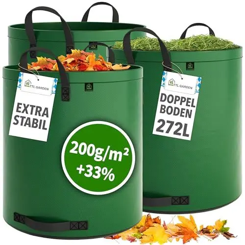 Produktbild: TTL Garden 3x 272L SUPER SOLID Gartensack grün - DOPPELTER BODEN 2x200 gsm extra stabil & reißfest selbststehend 4 Griffe groß robust 3er Set Laubsack Abfallsack für Gras Laub Hecke Gartenabfall