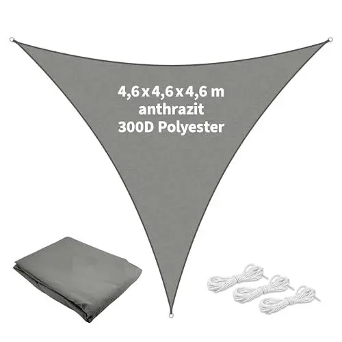 Produktbild: TTL Garden 4,6x4,6x4,6m Sonnensegel Dreieck gleichseitig anthrazit - Premium Polyester 300D 160g/m² 93% Abschattung - Sonnenschutz & Wetterschutz für Garten, Balkon & Terrasse, mit 3X Schnur 1,5m