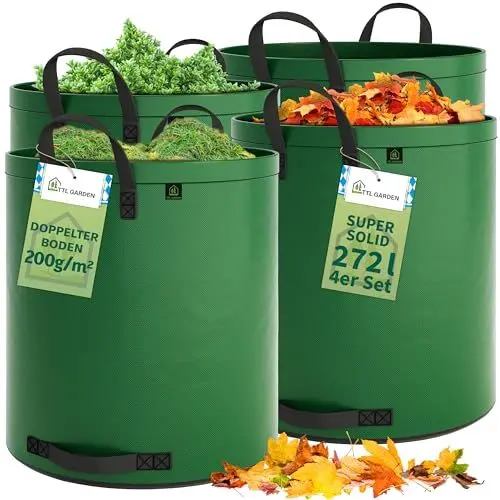 Produktbild: TTL Garden 4x 272L SUPER SOLID Gartensack grün - DOPPELTER BODEN 2x200 gsm extra stabil & reißfest selbststehend 4 Griffe groß robust 4er Set Laubsack Abfallsack für Gras Laub Hecke Gartenabfall