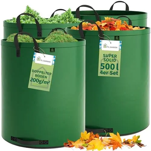 Produktbild: TTL Garden 4x 500L SUPER SOLID Gartensack grün - DOPPELTER BODEN 2x200 gsm extra stabil & reißfest selbststehend 4 Griffe groß robust 4er Set Laubsack Abfallsack für Gras Laub Hecke Gartenabfall