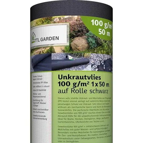 Produktbild: TTL Garden 100g/m² Unkrautvlies 50m² 1x50m Rolle - wasserdurchlässig 50 x 1 m breit auf Rolle - Gartenvlies reißfest UV-stabil & atmungsaktiv - Garten Mulchvlies Vlies Folie gegen Unkraut schwarz
