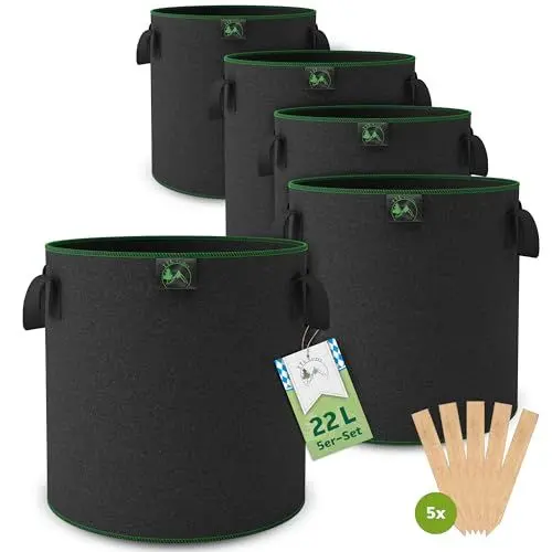 Produktbild: TTL Garden 5X 22L Pflanzsack aus Vlies Stoff - 5er Set 20L +10% = 22 Liter Pflanztaschen aus 300 g/m² Filz & Vliesstoff - Pflanzgefäß Pflanzbeutel für Balkon Terrasse Gewächshaus & Garten