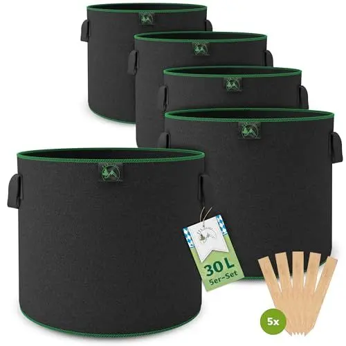 Produktbild: TTL Garden 5X 30L Pflanzsack aus Vlies Stoff - 5er Set 30 Liter Pflanztaschen aus 300 g/m² Filz & Vliesstoff - Pflanzgefäß Pflanzbeutel Wachstumstasche für Balkon Terrasse Gewächshaus & Garten