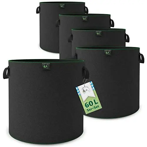 Produktbild: TTL Garden 5X 60L Pflanzsack aus Vlies Stoff - 5er Set 60 Liter Pflanztaschen aus 300 g/m² Filz & Vliesstoff - Pflanzgefäß Pflanzbeutel Wachstumstasche für Balkon Terrasse Gewächshaus & Garten