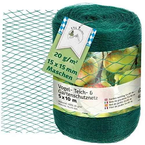 Produktbild: TTL Garden 5x10m Vogelschutznetz Gartennetz Teichnetz grün 20g/m² - 15x15mm feinmaschig 3-Fach gewebtes HDPE Obst & Obstbaum Netz Gemüse Schutznetz Vogelabwehr Netz, reißfest dehnbar robust