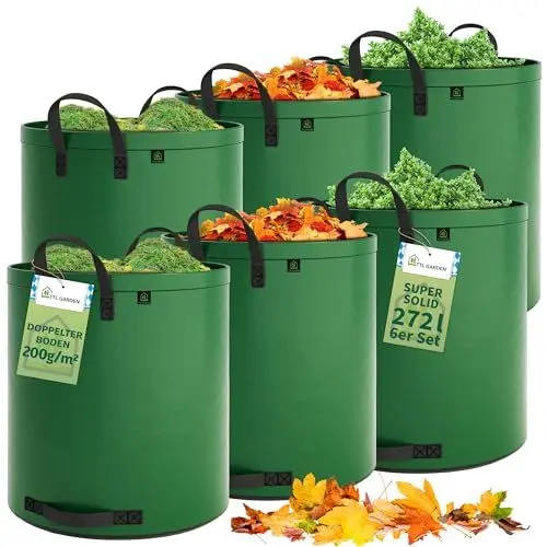 Produktbild: TTL Garden 6x 272L SUPER SOLID Gartensack grün - DOPPELTER BODEN 2x200 gsm extra stabil & reißfest selbststehend 4 Griffe groß robust 6er Set Laubsack Abfallsack für Gras Laub Hecke Gartenabfall
