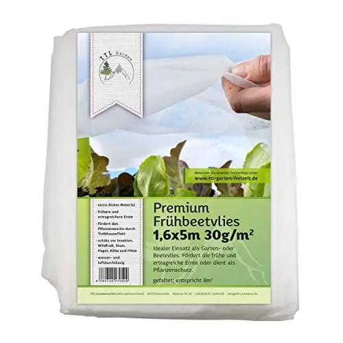 Produktbild: TTL Garden 8m² 1,6m x5 m Frühbeetvlies 30g/m² - atmungsaktives Wachstumsvlies Hochbeetvlies Frostschutz für Beet, Abdeckvlies, Insektenschutz, für alle Beete zum Schutz vor Frost und Schädlingen