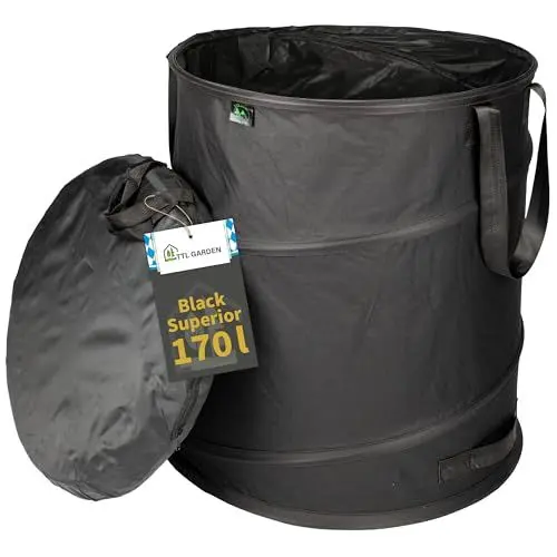 Produktbild: TTL Garden BLACK SUPERIOR 170L Pop Up Gartensack - DOPPELTER BODEN 260gsm extra stabil 600D Oxford 170 Liter Gartenabfallsack Laubsack faltbar Grünschnitt Garten Abfall selbstaufstellend