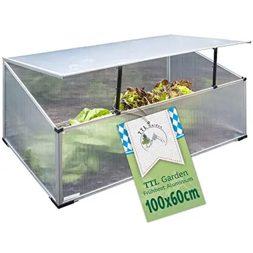 Produktbild: TTL Garden Frühbeet Aufsatz 100x60x40cm Alu & Polycarbonat - Hochbeet Kasten Mini Gewächshaus Frühbeetkasten 100 cm lang 60 cm breit, Wärme & Schutz für Pflanzen im Frühjahr, Deckel einstellbar