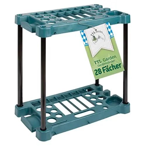 Produktbild: TTL Garden Gartengeräte Ständer rechteckig 61x58x31cm grün - 28 Fächer Gerätehalter & Organizer zur Aufbewahrung von Besen Spaten Rechen & Garten Werkzeug - für Gartenhaus Schuppen & Garage