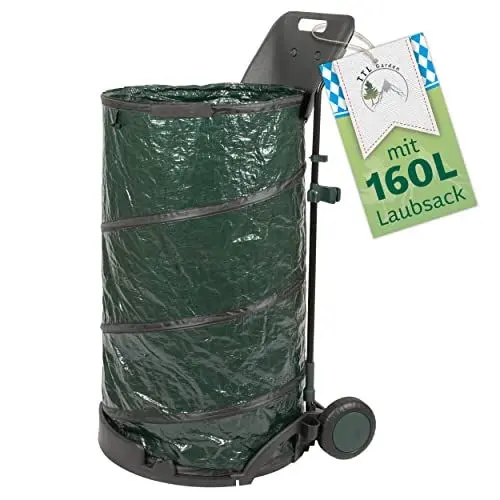 Produktbild: TTL Garden Gartentrolley mit 160L Pop Up Laubsack - klappbarer Gartenwagen Handwagen Trolley mit 2 großen Rollen und Laubsammler, Gartensack abnehmbar, Caddy fahrbar mit Halter für Gartengeräte