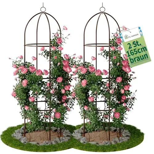 Produktbild: TTL Garden Obelisk Rankhilfe L 165x40cm braun 2er Set - Rosen Rankgitter Metall rostfrei für Kletterpflanzen Rosen Clematis - pulverbeschichteter Stahl 165 cm hoch 40cm Ø Rankturm Tomaten Gurken