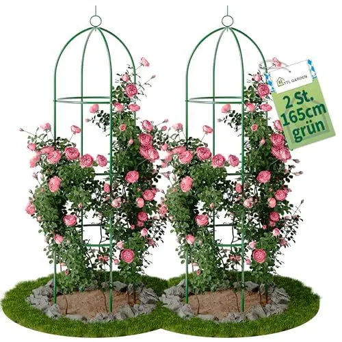 Produktbild: TTL Garden Obelisk Rankhilfe L 165x40cm grün 2er Set - Rosen Rankgitter Metall rostfrei für Kletterpflanzen Rosen Clematis - pulverbeschichteter Stahl 165 cm hoch 40cm Ø Rankturm Tomaten Gurken