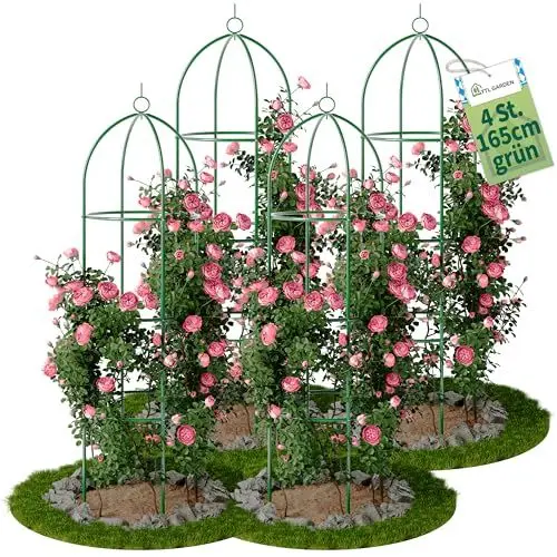 Produktbild: TTL Garden Obelisk Rankhilfe L 165x40cm grün 4er Set - Rosen Rankgitter Metall rostfrei für Kletterpflanzen Rosen Clematis - pulverbeschichteter Stahl 165 cm hoch 40cm Ø Rankturm Tomaten Gurken
