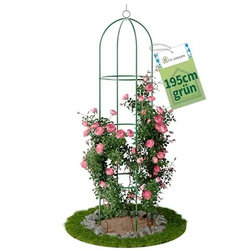 Produktbild: TTL Garden Obelisk Rankhilfe XL 195x40cm grün - Rosen Rankgitter Metall rostfrei für Kletterpflanzen Rosen Clematis - pulverbeschichteter Stahl 195 cm hoch 40cm Ø Rankobelisk für Tomaten Gurken