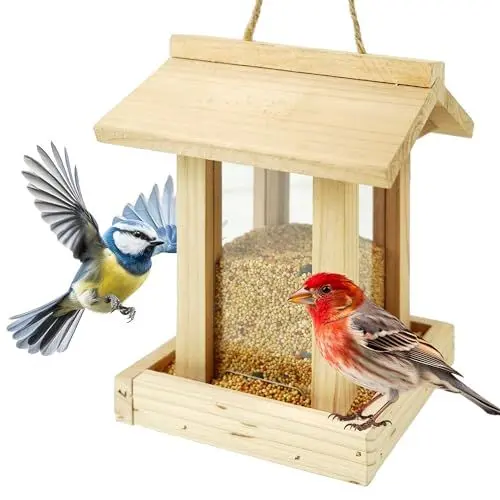 Produktbild: TTL Garden Vogelfutterhaus PAVILLON - Vogelhaus aus Holz mit Schnur zum aufhängen 20x15x15cm aus Tannenholz Natur - Vogel Futterstationen wetterfestes Vogelhäuschen für Balkon Garten & Ständer