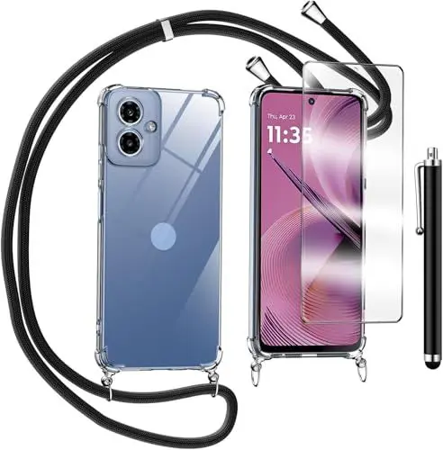 Produktbild: TTSWJBD Handykette für Motorola Moto G55 5G Hülle mit Displayschutzfolie Schutzfolie, Necklace Handyhülle mit Abnehmbar Kordel zum Umhängen Transparent Silikon Schutzhülle mit Band in Schwarz