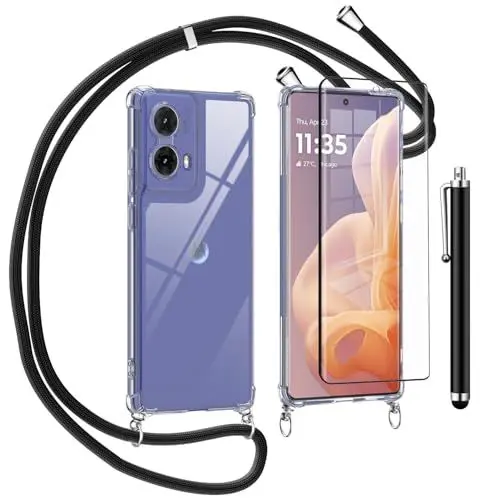 Produktbild: TTSWJBD Handykette für Motorola Moto G85 Hülle mit Displayschutzfolie Schutzfolie, Necklace Handyhülle mit Abnehmbar Kordel zum Umhängen Transparent Silikon Schutzhülle mit Band in Schwarz