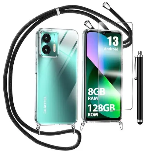 Produktbild: TTSWJBD Handykette für Oukitel C35/Oukitel C36 Hülle mit Displayschutzfolie Schutzfolie, Necklace Handyhülle mit Abnehmbar Kordel zum Umhängen Transparent Silikon Schutzhülle mit Band in Schwarz