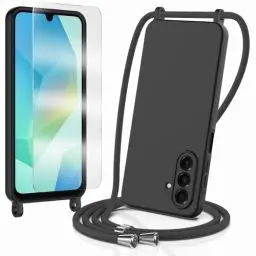 Produktbild: TTSWJBD Handykette für Samsung Galaxy A17 Hülle mit Band mit 1*Schutzfolie,weiche Liquid Silikon Necklace Handyhülle mit Abnehmbar Kordel,Stossfest Handy Schutzhülle,Kameraschutz Kratzfest, Schwarz