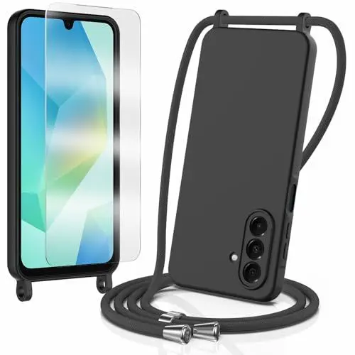 Produktbild: TTSWJBD Handykette für Samsung Galaxy A17 Hülle mit Band mit 1*Schutzfolie,weiche Liquid Silikon Necklace Handyhülle mit Abnehmbar Kordel,Stossfest Handy Schutzhülle,Kameraschutz Kratzfest, Schwarz
