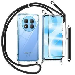 Produktbild: TTSWJBD Handykette für Ulefone Note 15 Hülle mit Displayschutzfolie Schutzfolie, Necklace Handyhülle mit Abnehmbar Kordel zum Umhängen Transparent Silikon Schutzhülle mit Band in Schwarz