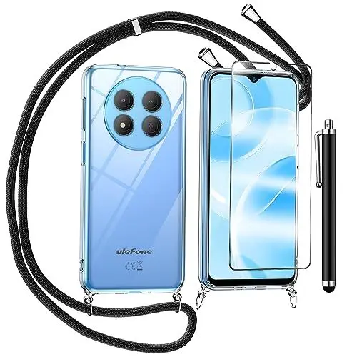 Produktbild: TTSWJBD Handykette für Ulefone Note 15 Hülle mit Displayschutzfolie Schutzfolie, Necklace Handyhülle mit Abnehmbar Kordel zum Umhängen Transparent Silikon Schutzhülle mit Band in Schwarz