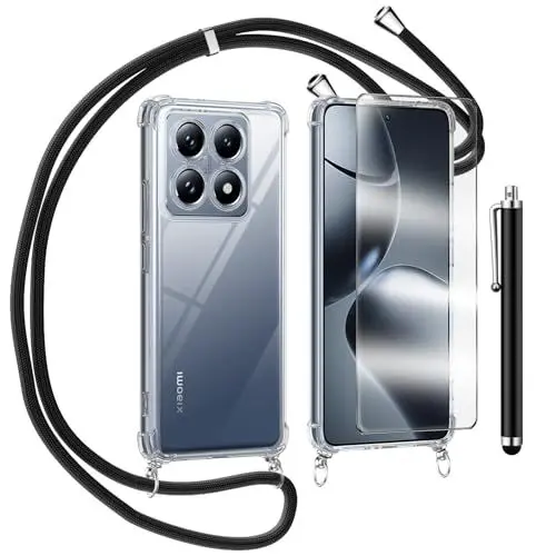 Produktbild: TTSWJBD Handykette für Xiaomi 14T Hülle mit Displayschutzfolie Schutzfolie, Necklace Handyhülle mit Abnehmbar Kordel zum Umhängen Transparent Silikon Schutzhülle mit Band in Schwarz