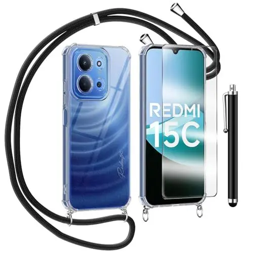 Produktbild: TTSWJBD Handykette für Xiaomi Redmi 15C 5G/4G Hülle mit Displayschutzfolie Schutzfolie, Necklace Handyhülle mit Abnehmbar Kordel zum Umhängen Transparent Silikon Schutzhülle mit Band in Schwarz
