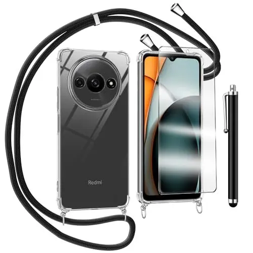 Produktbild: TTSWJBD Handykette für Xiaomi Redmi A3 Hülle mit Displayschutzfolie Schutzfolie, Necklace Handyhülle mit Abnehmbar Kordel zum Umhängen Transparent Silikon Schutzhülle mit Band in Schwarz