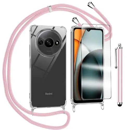 Produktbild: TTSWJBD Handykette für Xiaomi Redmi A3 Hülle mit Displayschutzfolie Schutzfolie, Necklace Handyhülle mit Abnehmbar Kordel zum Umhängen Transparent Silikon Schutzhülle mit Band in rosa