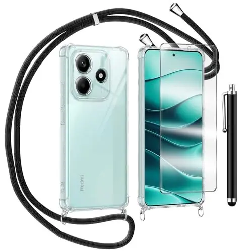 Produktbild: TTSWJBD Handykette für Xiaomi Redmi Note 14 4G Hülle mit Displayschutzfolie Schutzfolie, Necklace Handyhülle mit Abnehmbar Kordel zum Umhängen Transparent Silikon Schutzhülle mit Band klar in Schwarz