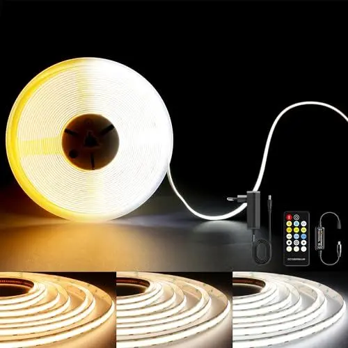Produktbild: TTWAY CCT COB LED Streifen 3M, Dimmbar 2700K- 6500K 24V einstellbare weiße lichtleisten led Lichter Set mit RF Steuerung und Adapter, 608LEDs/m CRI93+ Daul weiße LED Strip für Innen,zimmer, DIY.