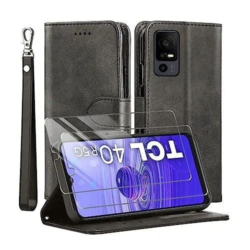 Produktbild: TTYSHTT Kompatibel mit TCL 40 R 5G (TCL 40R 5G) Hülle, Leder Flip Stoßfeste Handyhülle, Magnetische Schutzhülle Silikon TPU (Kartenfach) (Standfunktion)(2X Displayschutzfolie) Case -Schwarz
