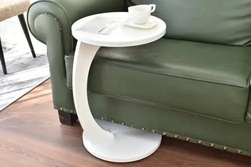 Produktbild: Tubibu C Form Kleiner Beistelltisch, Runder Tisch als Ablagefläche für Couch und Sofa mit Rollen, Rolltisch, Abstelltisch, runde Tischplatte (C-Form, Weiß)