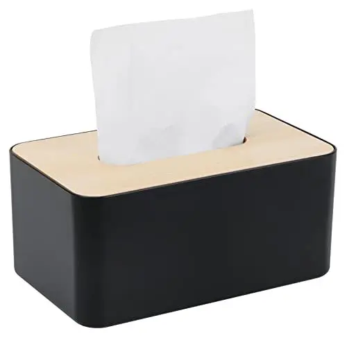 Produktbild: Tücherbox mit Deckelaus aus Holz, Rechteckige, Kunststoff, 21x13x9cm, Kosmetiktücherbox für Wohnzimmer, Büro, Auto,Badezimmer (Schwarz)