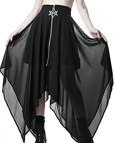 Produktbild: Tüllrock Damen Lang Schwarze Gothic Kleidung Damen Goth High Waist Taschentuchsaum Röcke Kurzer Skater Röcke Midirock Sommerrock Punk Plissee Midi-Rock