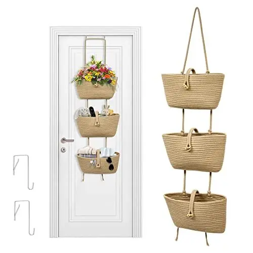 Produktbild: Tür Wand Organizer, Hängeorganizer Organizer Wandkorb mit 3 stufiger Hängekorb Wand Hängen Tasche aus Baumwollseil gewebt Korb Aufbewahrung Hängend für Wohnzimmer Schlafzimmer Bad Kinderzimmer