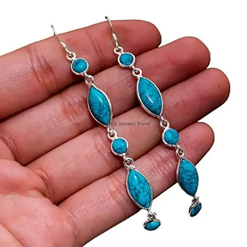 Produktbild: Türkis schöne Edelstein Sterling Silber Tropfen Ohrringe für Frauen und Mädchen, Lünette Set Ohrhaken Ohrringe, Türkis Brautjungfer Ohrringe Geschenk