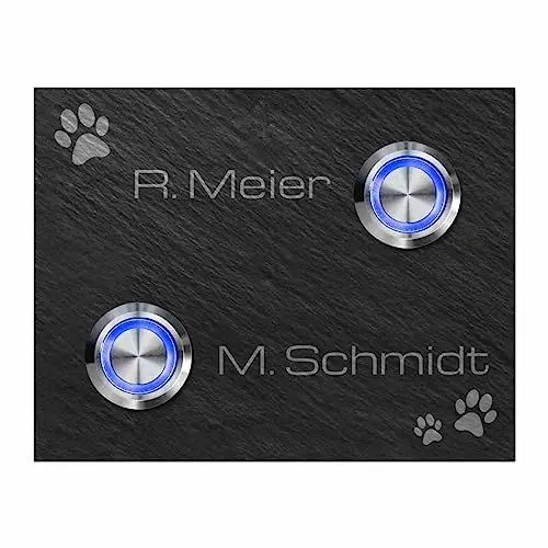 Produktbild: Türklingel Schiefer 2 Fach Doppel Klingel mit Gravur freier Motivauswahl und 2 LED Taster Klingelplatte - Modell Wagner 9x7 cm | Türklingel mit Namen und Motiv