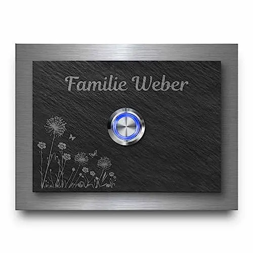 Produktbild: Türklingel aus Schiefer & Edelstahl Kombination - Klingel Modell Weber 12x9 cm - Klingel personalisiert mit Wunschtext und Motiven - Klingelschild schwarz grau mit Gravur