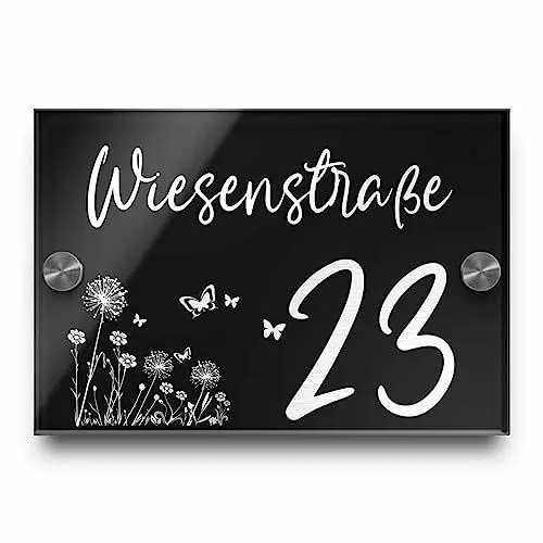 Produktbild: Türschild Hausnummer mit Gravur Schild aus Acrylglas Klingelschild 16x11 cm mit Edelstahl 2 Abstandshalter